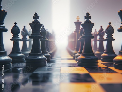 A chessboard with opposing sides facing each other, representing the strategic thinking and decision making processes within the mind 