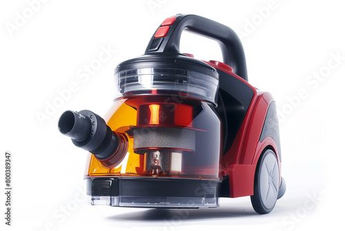 A bagless canister vacuum cleaner with a multi-cyclonic system and HEPA filtration for trapping fine dust particles isolated on a solid white background.