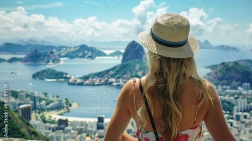 A fashionable tourist woman standing on a terrace in Rio de Janeiro, with the famous Guanabara Bay and the cityscape of Rio de Janeiro, Brazil, in the background. photo