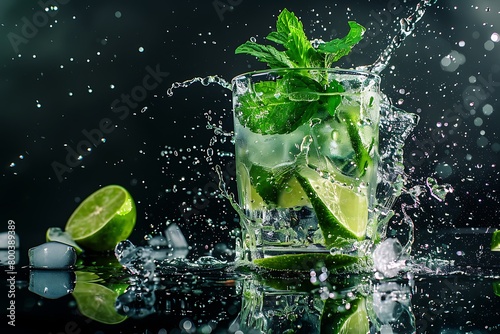 Summer cocktail mojito with splash on black background. Mojito summer beach refreshing tropical cocktail in glass with splash soda water, lime juice, mint leaves, sugar, ice and rum on reflective b