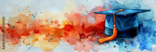 Banner with graduation cap and watercolor splashes, illustration photo