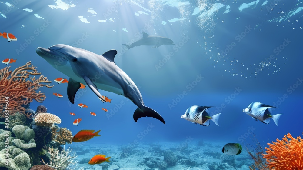 Obraz premium A pod of dolphins gracefully swim over a colorful coral reef in clear blue waters, showcasing their sleek bodies and fluid movements