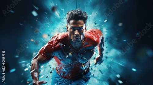 Dynamic Superhero in Action with Explosive Energy Background