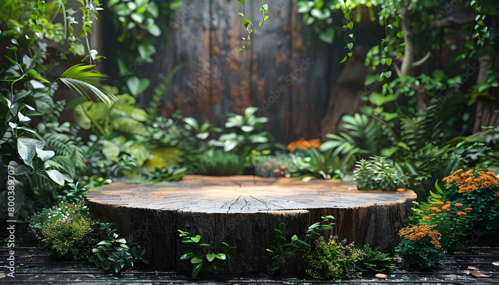 round empty wooden podium product display stage in middle, realistic house plants in background, with green shades. Stump of old tree trunk with moss. Natural stage.