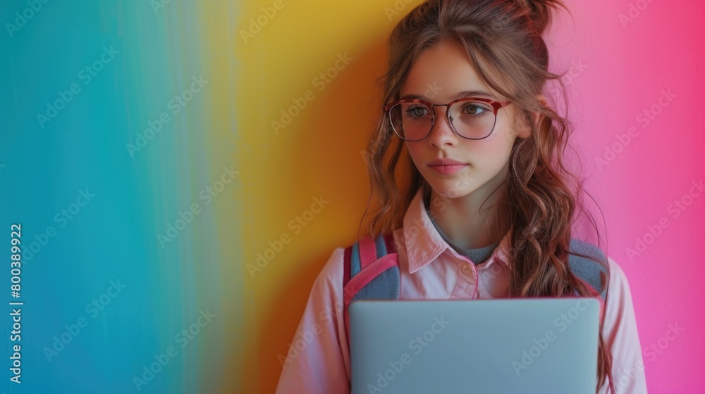 Trendy Young Student with Laptop Against Vibrant Split Color Background Trendy Young Student with Laptop Against Vibrant Split Color Background
