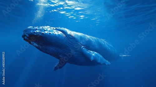A humpback whale gracefully glides through the ocean waters