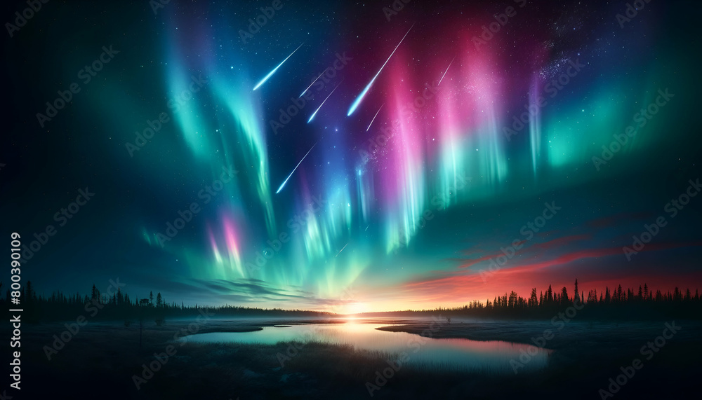 Stunning Northern Lights and Meteor Shower Panorama - Aurora Borealis, Pine Trees, Reflective Lake Night Scene, Fantasy Background, Wall Art, 4K Wallpaper, Frame TV Art Stunning Northern Lights and Meteor Shower Panorama - Aurora Borealis, Pine Trees, Reflective Lake Night Scene, Fantasy Background, Wall Art, 4K Wallpaper, Frame TV Art