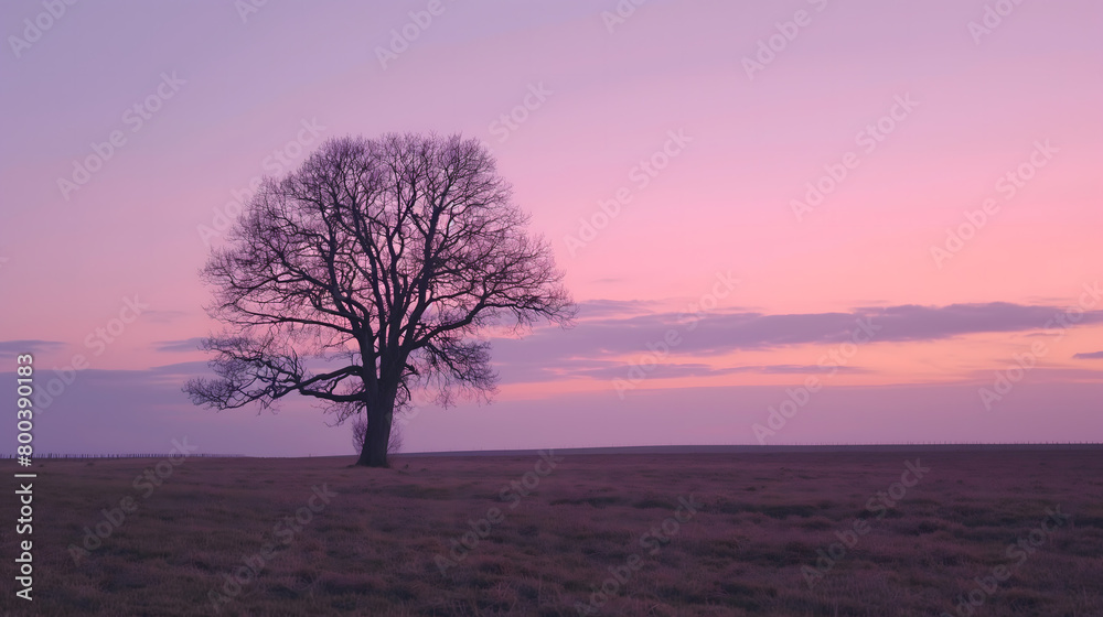Tranquil Sunrise Landscape with Lone Tree and Misty Fields