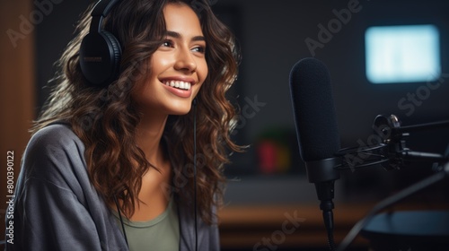 Smiling Female Podcaster Recording Show with Professional Microphone
