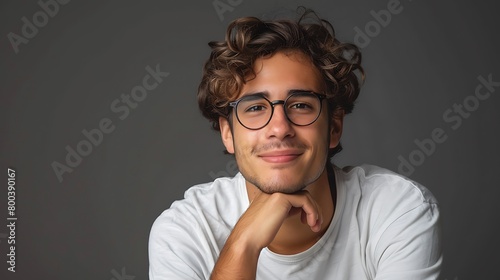 A Young hispanic man wearing casual clothes and glasses looking confident at the camera smiling with crossed arms and hand raised on chin, thinking positive