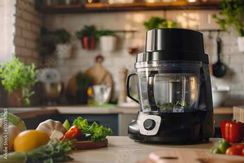 A black food processor with suction cup feet for stability, ensuring safe and efficient processing.