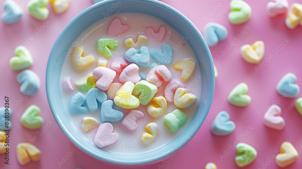 A bowl of colorful heart-shaped marshmallows in milk.