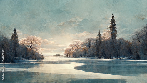 Winter Wonderland, Textured Rococo Style Illustrations of Serene Snowy Landscape, Tranquil Nature Scene, and Peaceful Winter Forests with Trees, Ponds, and Sky Reflections