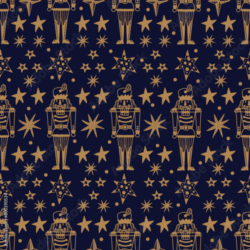 Christmas vector seamless silver Nutcracker and stars pattern.  Seamless pattern can be used for wallpaper, pattern fills, web page background, surface textures.