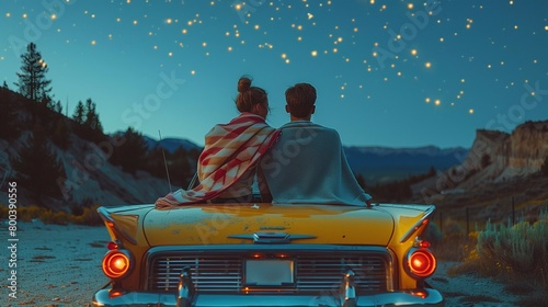 Romantic Drive-In Movie Night on Vintage Car, generative ai