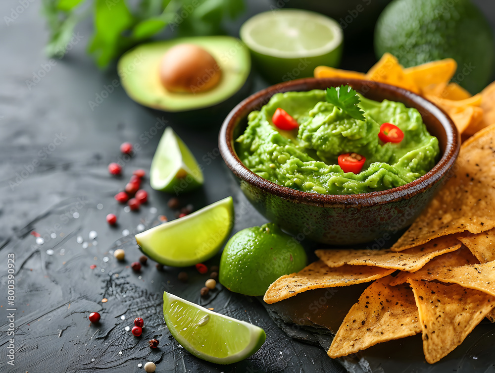 A colorful bowl of guacamole nachos sits on a table, surrounded by tortilla chips. A colorful bowl of guacamole nachos sits on a table, surrounded by tortilla chips.