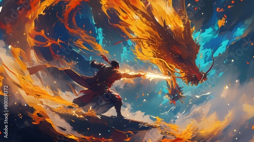 A man bravely holds a sword in front of a menacing fire breathing dragon, ready for battle photo