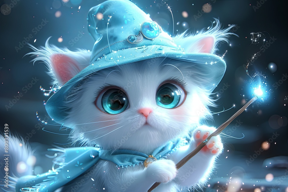 Kitten cat cartoon wizard hat waving a wand with a flourish, surrounded by swirling sparkles and enchanting wonders Kitten cat cartoon wizard hat waving a wand with a flourish, surrounded by swirling sparkles and enchanting wonders