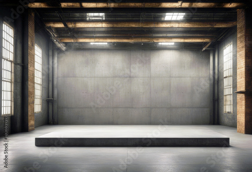  hall stage style showing cement loft industrial Podium warehouse wall Showroom factory products old 3D concrete background architecture backdrop poduim dais industry 