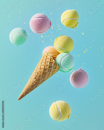 An eye-catching image of colorful ice cream scoops like a tennis balls playfully floating around a crisp waffle cone against a blue background.  Summer food refreshment concept.	