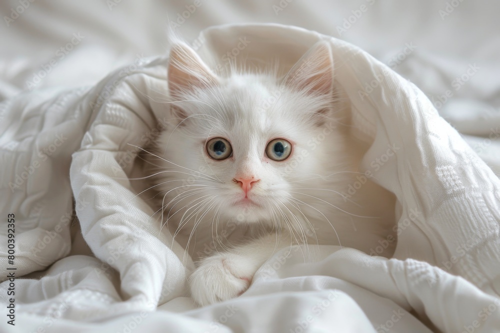 A white kitten is curiously peeping out from underneath a blanket, revealing its cute face and fluffy fur.