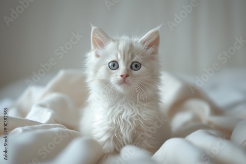 Cute white kitten smiles and looks at the camera on a light background.