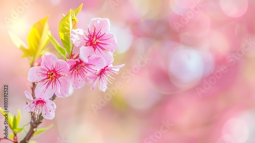 A detailed view of a pink flower blooming on a branch, showcasing its delicate petals and vibrant color © pham