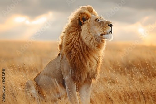 Majestic Lion Sitting in Golden Field at Sunset