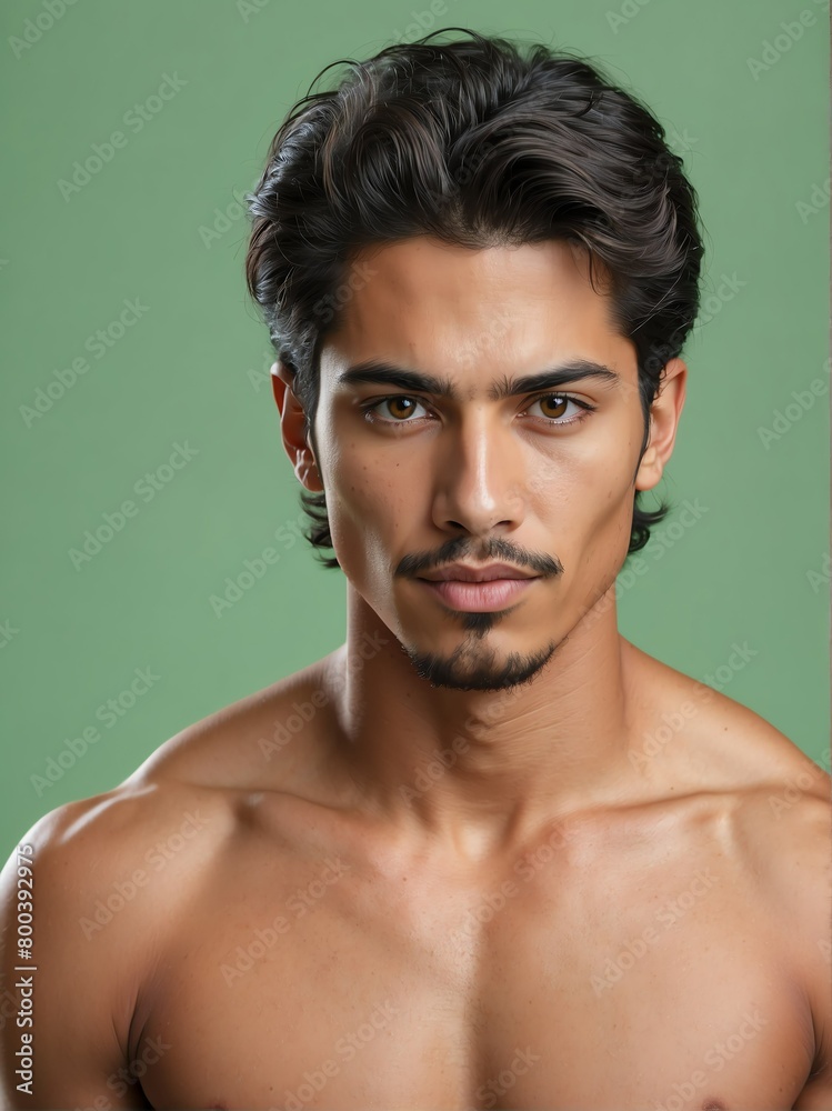 plain green background close-up portrait of handsome hispanic mexican guy from Generative AI