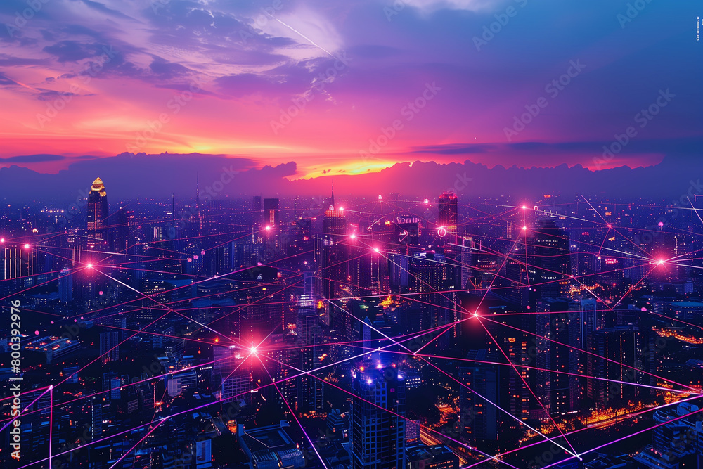 Obraz premium futuristic cityscape at twilight with glowing digital data lines overlaying the city