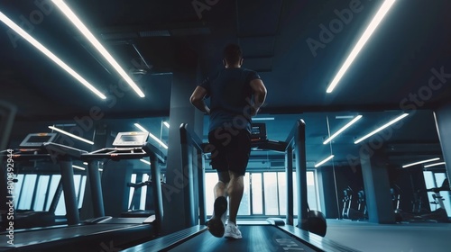 A man running on a treadmill in a gym  representing the concept of exercising  fitness  and maintaining a healthy lifestyle.