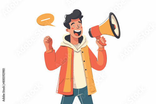 A flat vector illustration of a young man talking into a loudspeaker megaphone