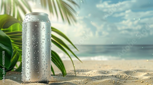 Mockup aluminum can with droplets of condensate on the background of sand, tropical leaves, blue sky and sea
