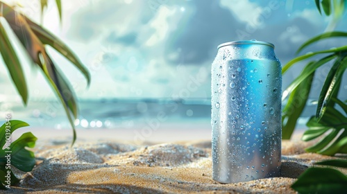 Mockup aluminum can with droplets of condensate on the background of sand, tropical leaves, blue sky and sea