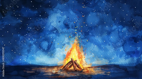 A beautiful watercolor painting of a campfire at night. The fire is crackling and the stars are twinkling. The deep blue sky is filled with stars. photo
