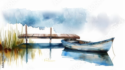 A wooden dock juts out into a calm lake. A boat is moored to the dock. The sky is cloudy. The water is still. The scene is peaceful and serene. © Watercolor_Kawaii