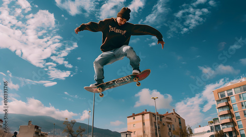 A skateboarder executing a mid-air trick above an urban landscape. Epic shot.