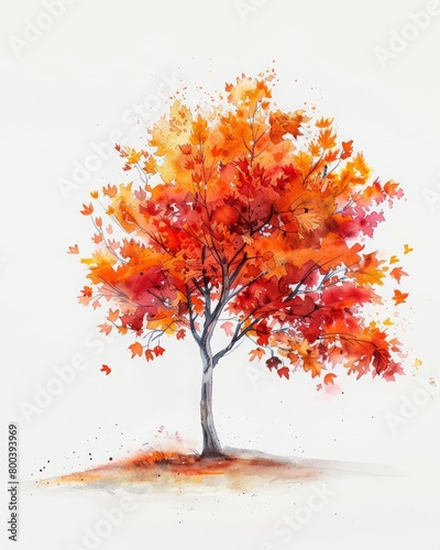 A watercolor painting of a tree in the fall. The leaves are a vibrant orange and the branches are a deep brown. The tree is set against a white background.