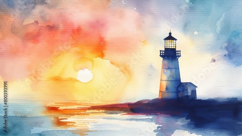 A lighthouse stands tall on a rocky coast, guiding ships safely through the night. The setting sun casts a warm glow over the scene.