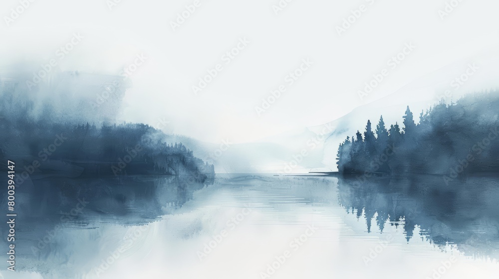 A misty watercolor landscape painting of a lake and mountains