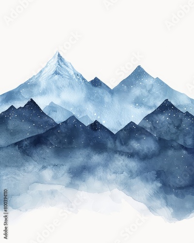 Create a watercolor painting of snow-capped mountains in the distance with a starry night sky © Watercolor_Kawaii