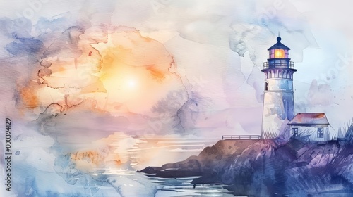 A lighthouse stands on a rocky coast, guiding ships safely through the night. The watercolor painting is in soft, muted colors, with a focus on the warm glow of the lighthouse.