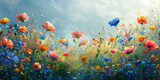 Colorful Field of Flowers A Vibrant Painting Capturing the Beauty of Nature in Blue, Orange, and Red Blooms