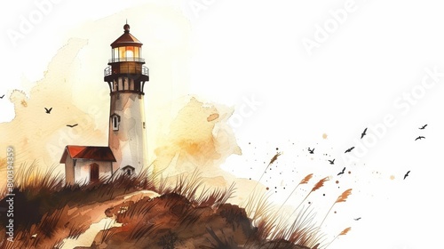 A watercolor painting of a lighthouse on a hill overlooking the ocean