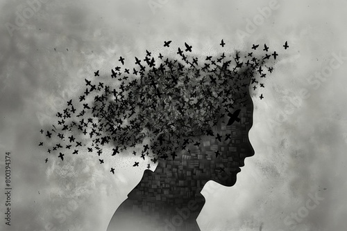 Conceptual black and white silhouette man birds mind overwhelmed mental photo