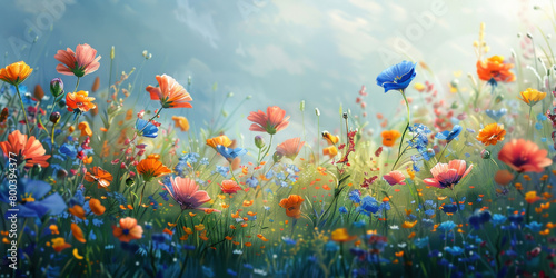 Colorful Field of Flowers A Vibrant Painting Capturing the Beauty of Nature in Blue, Orange, and Red Blooms © SHOTPRIME STUDIO