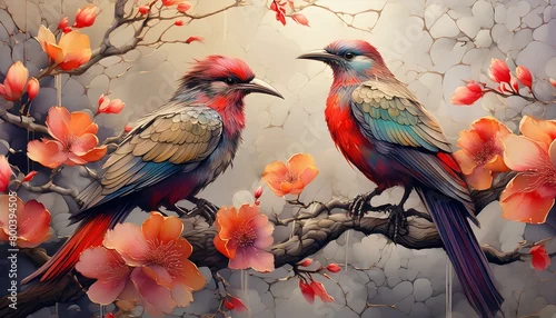 Obraz Egzotyczne, kolorowe ptaki siedzące na drzewie pokrytym kolorowymi kwiatami. Odcienie czerwieni, bordo. Tapeta, grafika