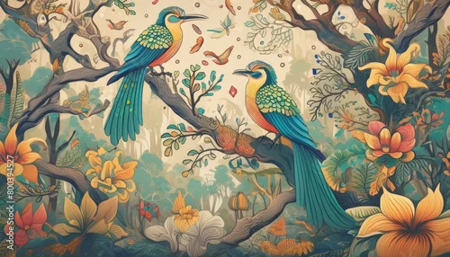 Obraz Egzotyczne ptaki na kwitnących gałęziach drzew. W tle las deszczowy. Tapeta, tło