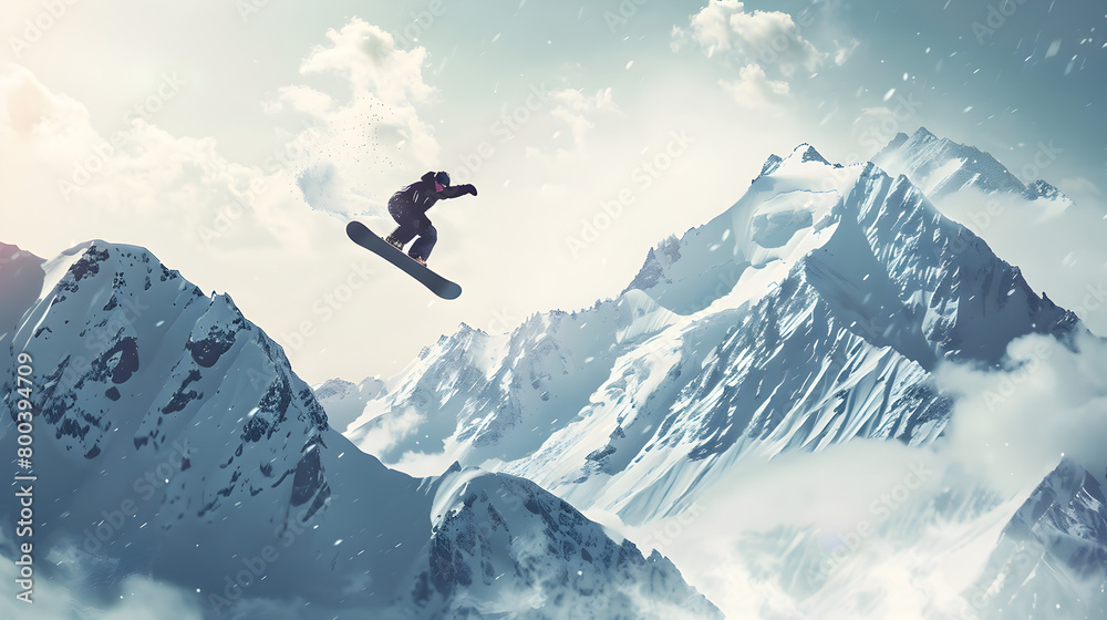 A snowboarder soaring through the air against a backdrop of snow-capped mountains. Epic shot.


