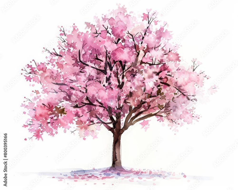 A watercolor painting of a cherry blossom tree in full bloom